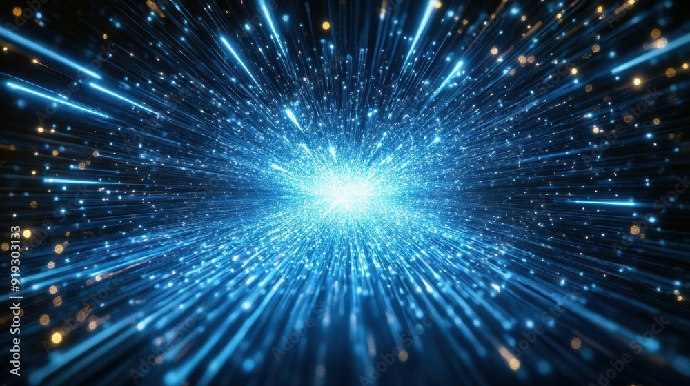 Obraz premium Dynamic explosion of blue light particles creating a radiant, futuristic effect, symbolizing speed, technology, and energy.