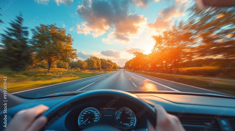 Hands on Wheel Driving Under Sunny Skies Highway Trip Hands on Wheel Driving Under Sunny Skies Highway Trip