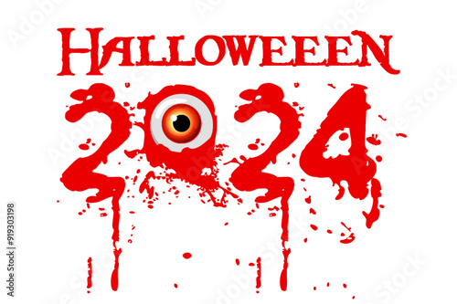 Word Halloween 2024 with bloody eye. Template for Halloween banner, placard,calendar, greeting card or your design
