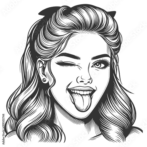 woman playfully winking and sticking out her tongue, exuding charm and humor sketch engraving generative ai fictional character vector illustration. Scratch board imitation. Black and white image.