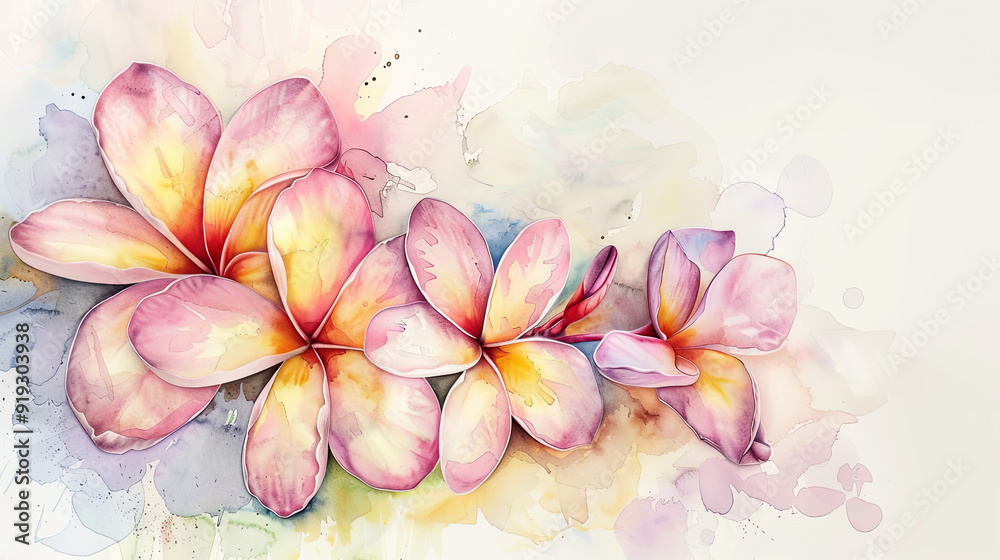 Watercolor tropical plumeria with ink and wash combination, intricate details, light background Watercolor tropical plumeria with ink and wash combination, intricate details, light background