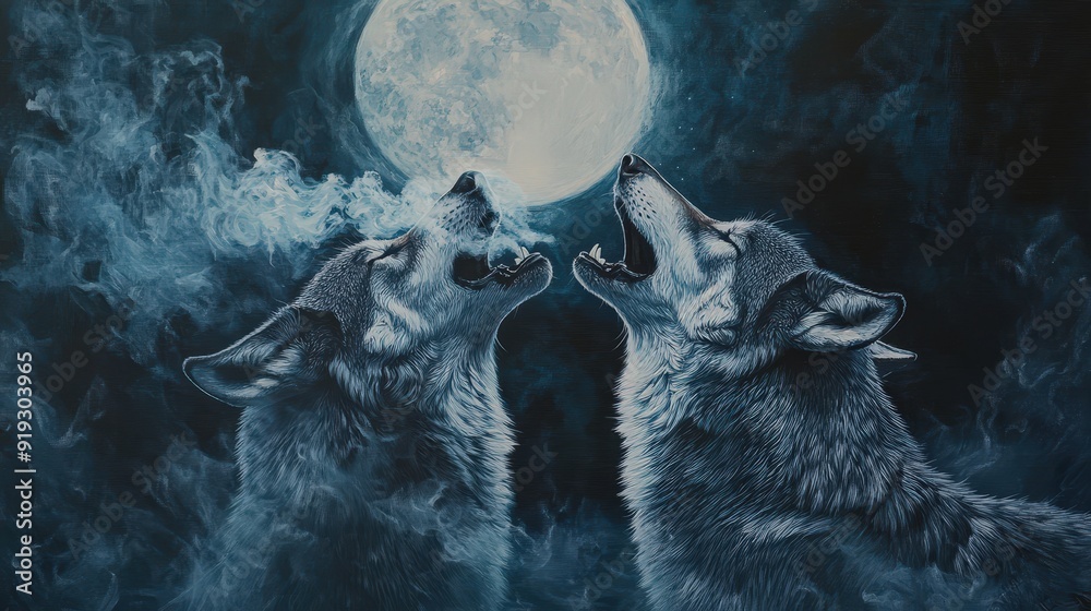 © Bernardo - A pair of wolves howling under a full moon with their breath visible in the cold night, symbolizing primal instinct and the wild spirit © Bernardo - A pair of wolves howling under a full moon with their breath visible in the cold night, symbolizing primal instinct and the wild spirit