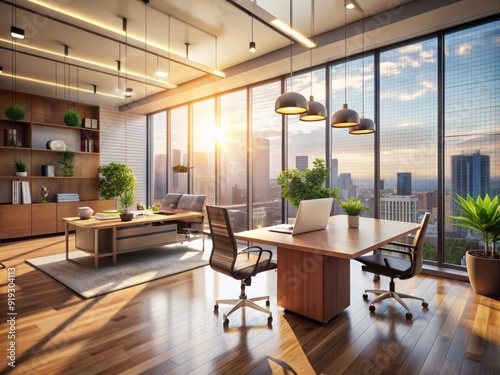 Wallpaper Mural Contemporary office interior features floor-to-ceiling panoramic windows, sleek furnishings, and modern decor, bathed in soft, warm light with a beautifully blurred background. Torontodigital.ca