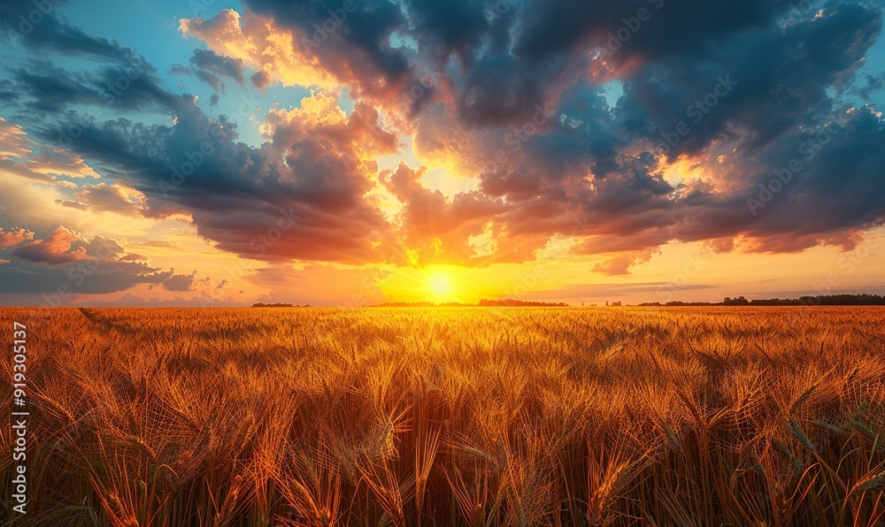 Obraz premium epic sunset in wheat field with crops glowing in the sunlight.