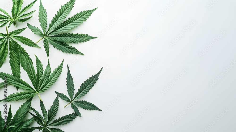 Marijuana leaves on a white background, close up top view on cannabis leaves and branches on white background for alternative medical and marketing design concept Marijuana leaves on a white background, close up top view on cannabis leaves and branches on white background for alternative medical and marketing design concept