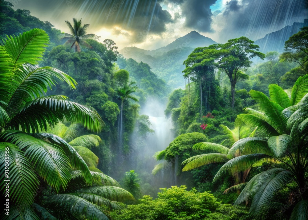 Lush green tropical rainforest landscape with majestic jungle trees, vibrant wild foliage, and glistening rainwater droplets, set against a misty mountainous background. Lush green tropical rainforest landscape with majestic jungle trees, vibrant wild foliage, and glistening rainwater droplets, set against a misty mountainous background.