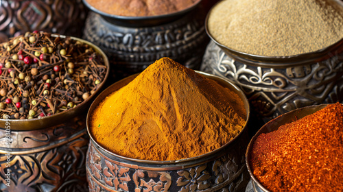 a Moroccan spice market, featuring large mounds of spices like turmeric, paprika, and saffron, displayed in metal bowls with ornate decorations photo