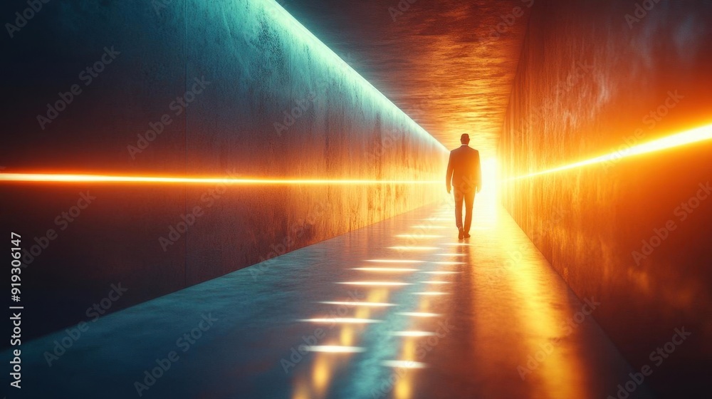 Mentor leading a young professional through a path of light beams, each representing a step in career growth, Mentorship, Career progression Mentor leading a young professional through a path of light beams, each representing a step in career growth, Mentorship, Career progression