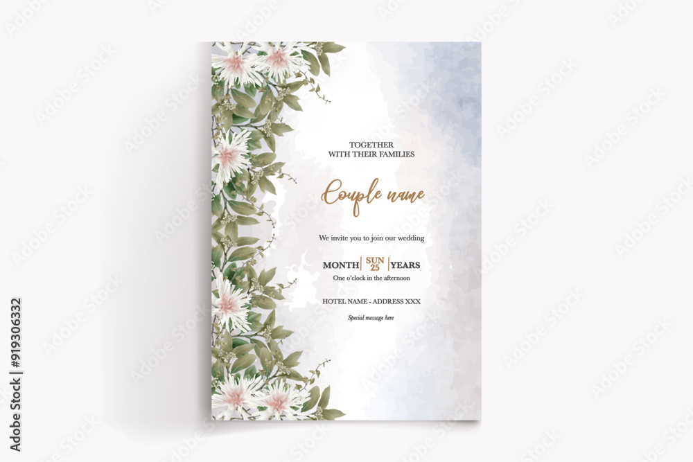 WEDDING INVITATION FRAME WITH FLOWER DECORATIONS WITH FRESH LEAVES WEDDING INVITATION FRAME WITH FLOWER DECORATIONS WITH FRESH LEAVES