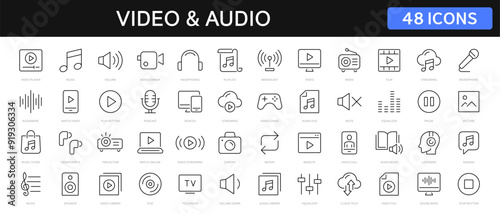 Video and Audio thin line icons set. Audio, Video editable stroke icon. Vector