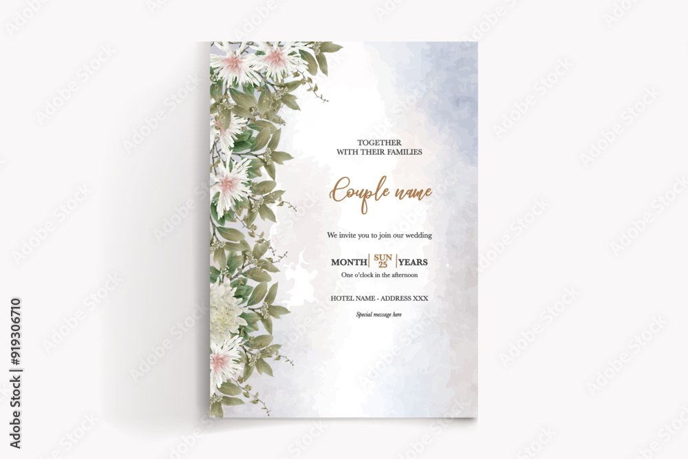 WEDDING INVITATION FRAME WITH FLOWER DECORATIONS WITH FRESH LEAVES WEDDING INVITATION FRAME WITH FLOWER DECORATIONS WITH FRESH LEAVES