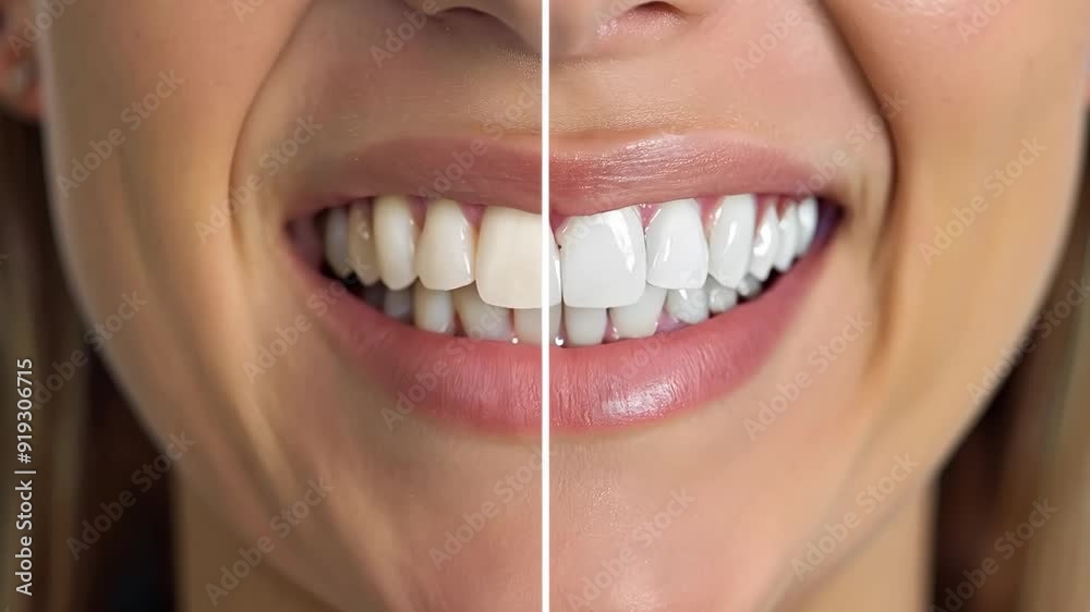 Close-up comparison before and after teeth whitening. Shooting with a detailed focus on the transformation of teeth. The concept of dental care and cosmetic dentistry
