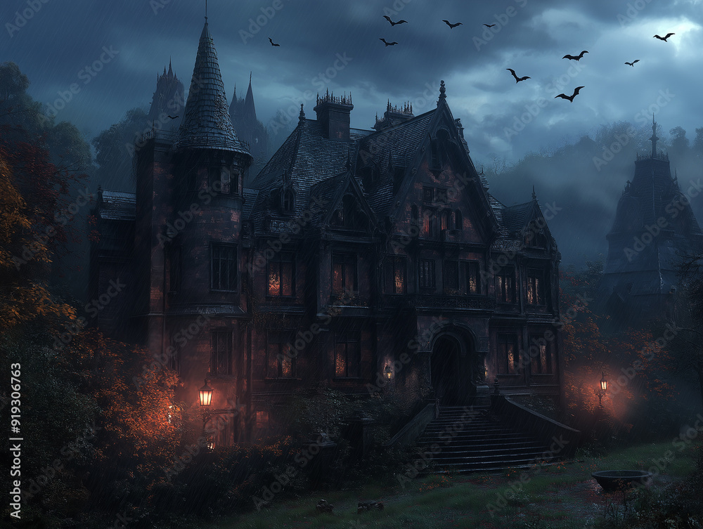 A gothic mansion with bats flying around on Halloween, spooky, night time, eerie, ghosts, haunted, trick or treat A gothic mansion with bats flying around on Halloween, spooky, night time, eerie, ghosts, haunted, trick or treat