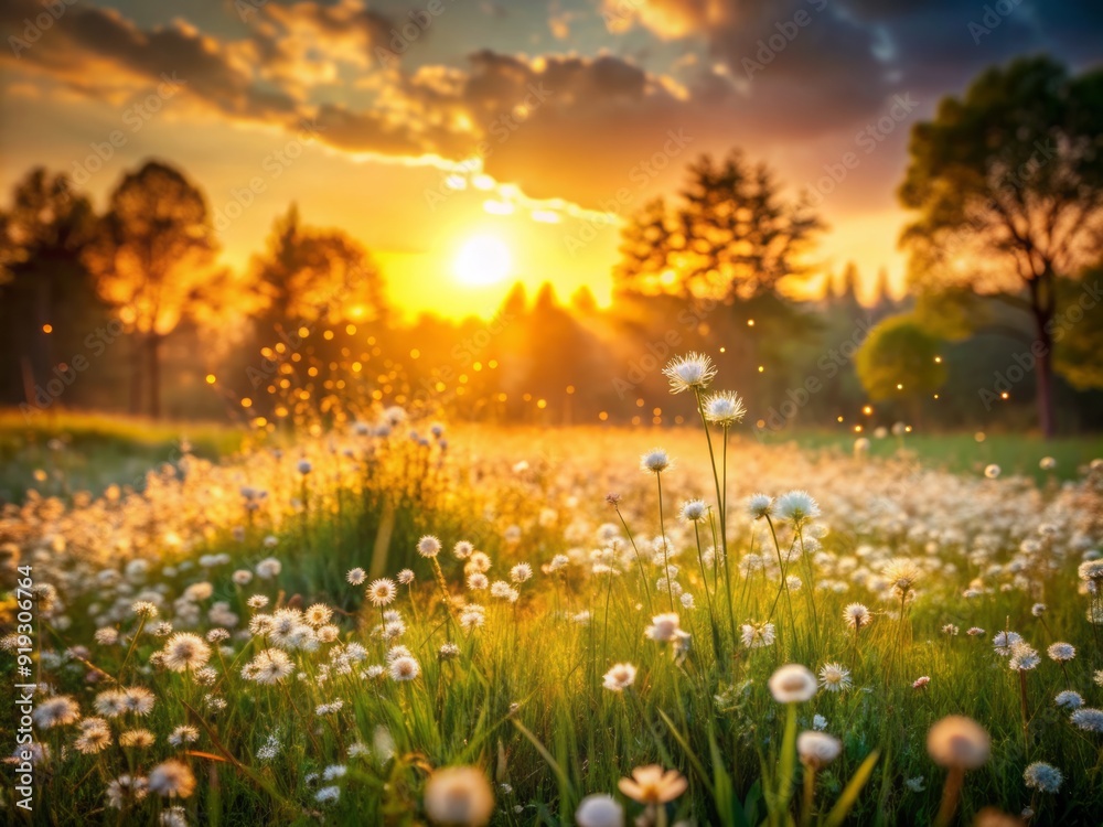 Fototapeta premium dream fantasy soft focus sunset field landscape of white flowers and grass meadow warm golden hour sunset sunrise time bokeh tranquil spring summer nature closeup abstract blurred forest background