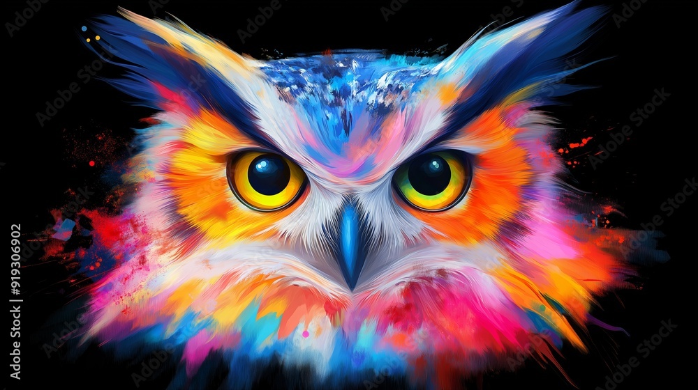 A colorful owl with a green eye is the main focus of the image. The owl's eyes are large and prominent, drawing attention to its gaze. The vibrant colors of the owl's feathers A colorful owl with a green eye is the main focus of the image. The owl's eyes are large and prominent, drawing attention to its gaze. The vibrant colors of the owl's feathers
