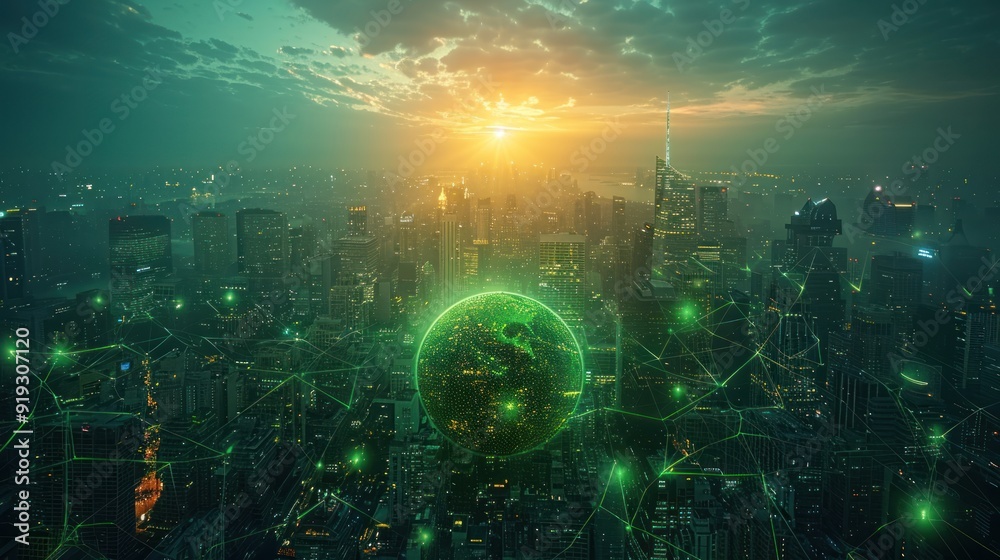Fototapeta premium City skyline with green technology icons and earth