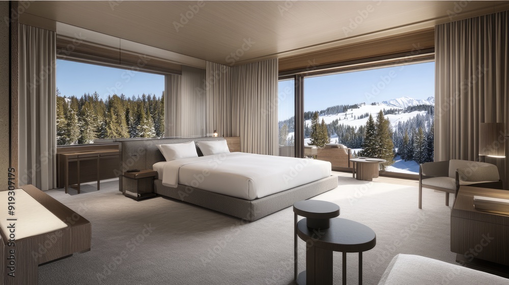 A minimalist hotel room features gray concrete walls, white bedding, and glass balcony views of a serene snow-covered forest outside A minimalist hotel room features gray concrete walls, white bedding, and glass balcony views of a serene snow-covered forest outside