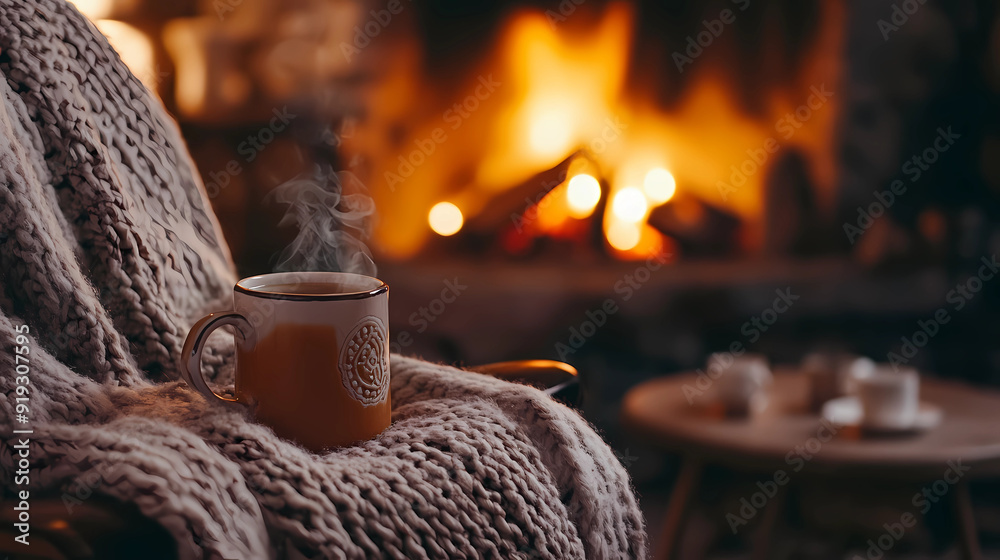 Wrapped in Warmth: Tea, Blanket, and Fire Wrapped in Warmth: Tea, Blanket, and Fire