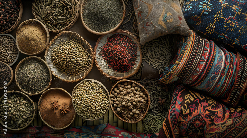 a spice market scene, featuring piles of spices like cardamom, cloves, and star anise, displayed in woven baskets, with a background of colorful textiles a spice market scene, featuring piles of spices like cardamom, cloves, and star anise, displayed in woven baskets, with a background of colorful textiles