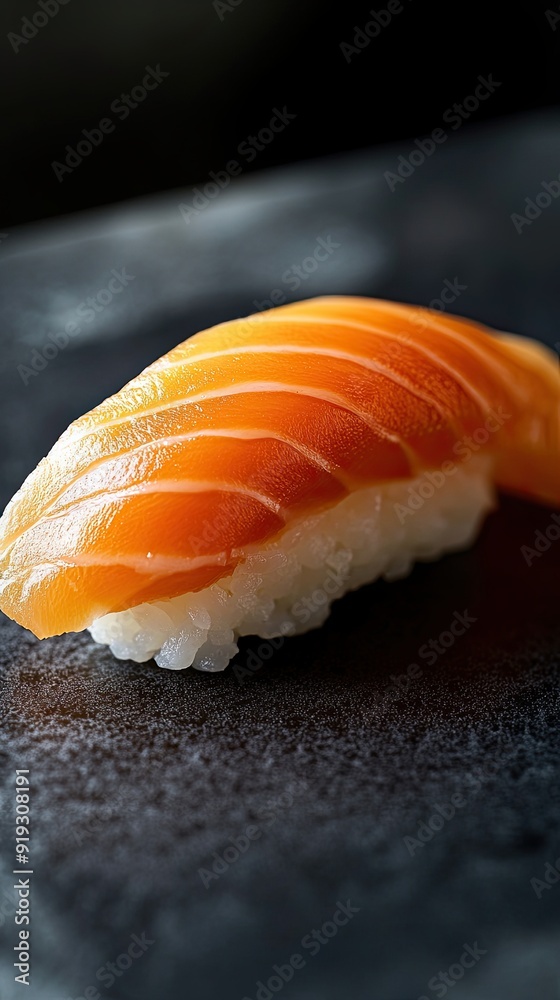 A piece of sushi with a white rice topping A piece of sushi with a white rice topping