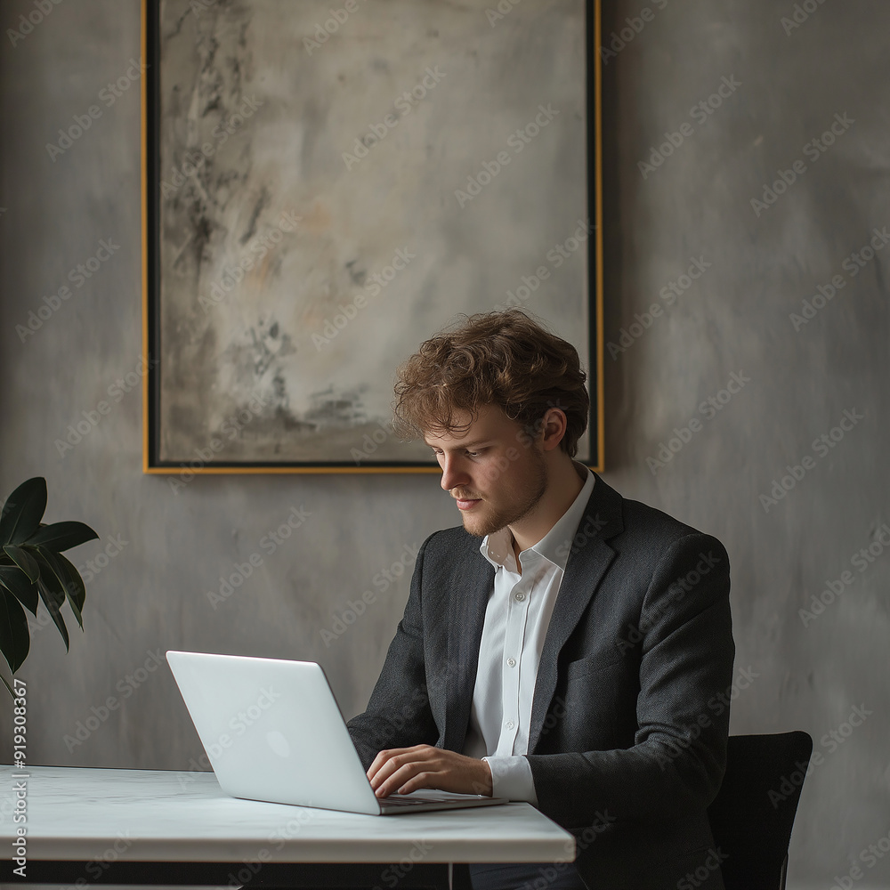 A man in a suit working on a laptop in a minimalist office with a blurred background, portraying professionalism and focus. A man in a suit working on a laptop in a minimalist office with a blurred background, portraying professionalism and focus.