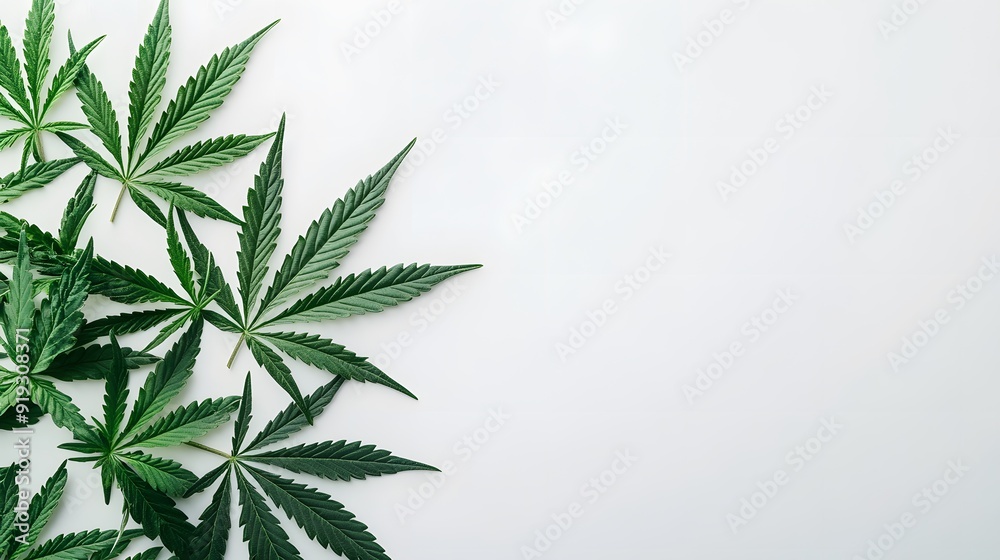 Marijuana leaves on a white background, close up top view on cannabis leaves and branches on white background for alternative medical and marketing design concept Marijuana leaves on a white background, close up top view on cannabis leaves and branches on white background for alternative medical and marketing design concept