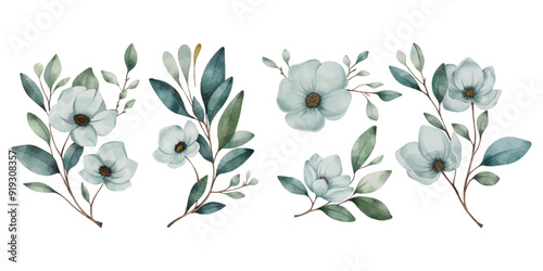 Vector set of blue flowers and leaves. Floral bouquet collection in a watercolour style. 