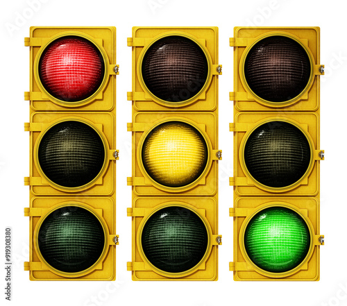 Canvastavla Traffic lights with red, yellow and green lights isolated on transparent background