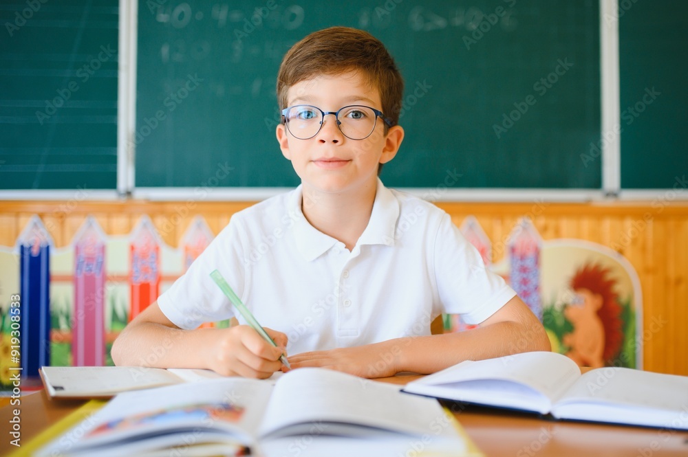 Portrait of little boy studying in classroom at school