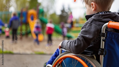 Close up of a child in a wheelchair looking at a playground. Child inclusion and disability and society .