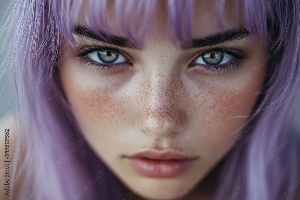 Close-up portrait of a woman with striking purple hair and intense blue eyes.