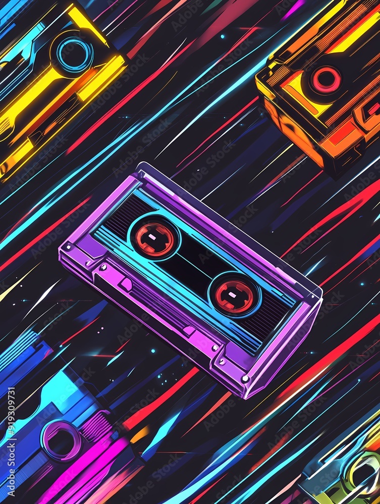 A colorful and vibrant illustration of a retro cassette tape against a background of neon lines. A colorful and vibrant illustration of a retro cassette tape against a background of neon lines.