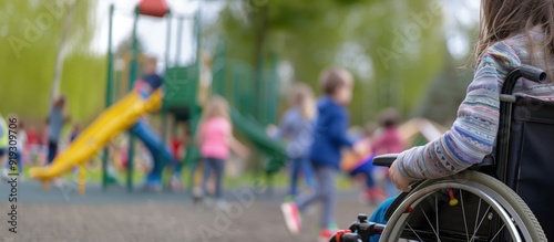 Close up of a child in a wheelchair looking at a playground. Child inclusion and disability and society .