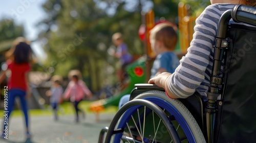 Close up of a child in a wheelchair looking at a playground. Child inclusion and disability and society .