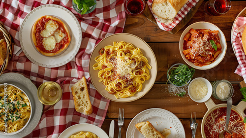 an elegant Italian pasta dinner, featuring a variety of pastas with different sauces, freshly grated Parmesan, and a basket of garlic bread, all set on a rustic wooden table with a red-checkered table