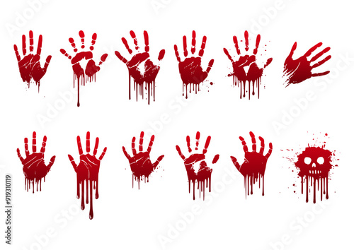 Set of 12 bloody handprints vector illustrations, halloween bundle, horror grunge collection, dripping blood