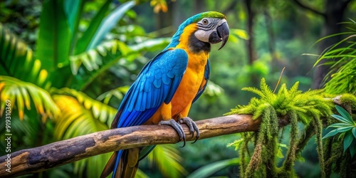 Vibrant blue and yellow macaw bird perches on a tree branch, showcasing its brightly colored plumage, strong beak, and intense gaze in a lush rainforest setting.