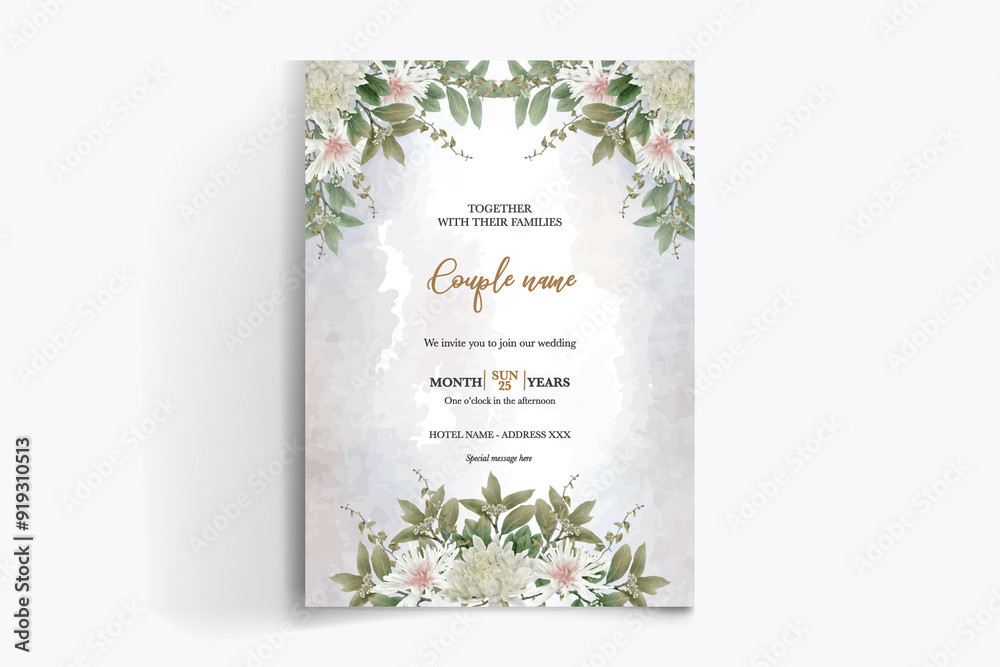 WEDDING INVITATION FRAME WITH FLOWER DECORATIONS WITH FRESH LEAVES WEDDING INVITATION FRAME WITH FLOWER DECORATIONS WITH FRESH LEAVES