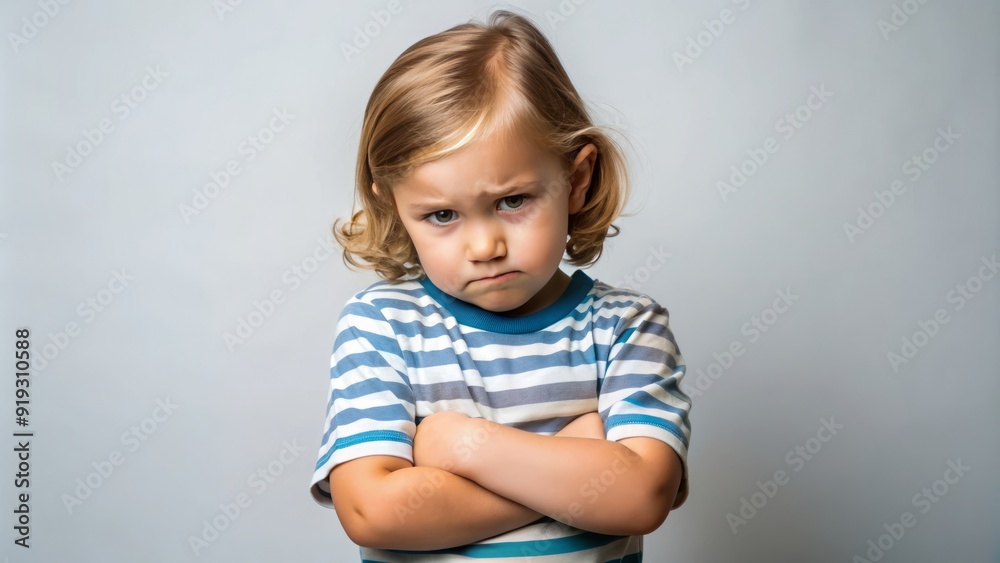Frustrated young child crossing arms, pouting, and making a scrunched-up face, conveying annoyance and discontent in a humorous and relatable everyday situation. Frustrated young child crossing arms, pouting, and making a scrunched-up face, conveying annoyance and discontent in a humorous and relatable everyday situation.