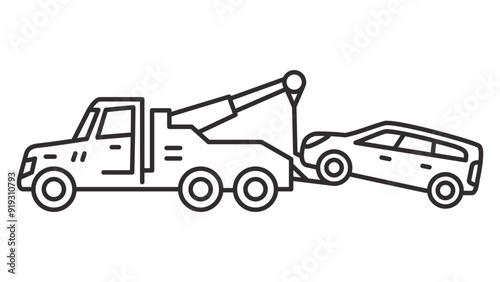 Tow truck icon.Towing truck van with car.City road assistance service evacuator.Car towing truck. Towing truck delivers the broken car. Outline vector illustration.Isolated on white background.