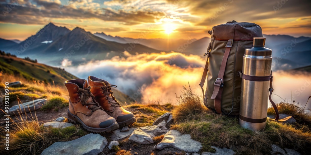 Close up of hiking and camping gear backpacks water bottles and leather ankle boots Sirinporn Foto Poster Wandbilder bei EuroPosters