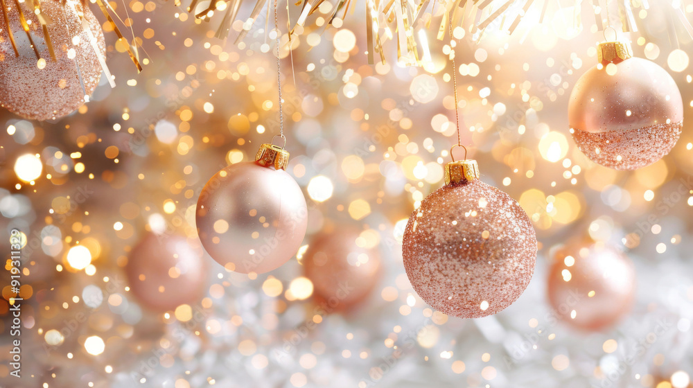 Christmas ornaments hanging on tree branch with golden bokeh background Christmas ornaments hanging on tree branch with golden bokeh background