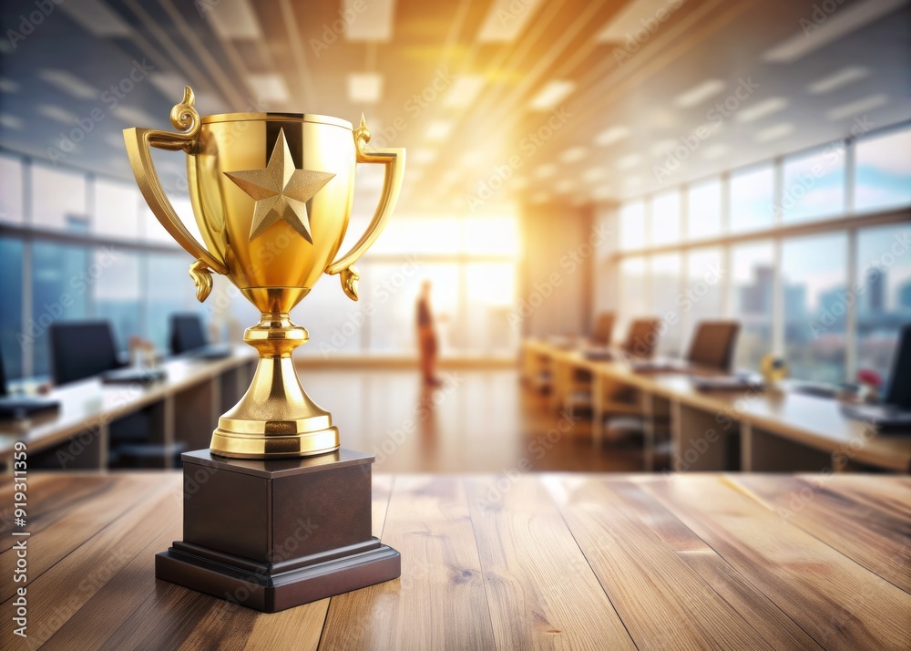 A shining gold award trophy on a wooden desk, surrounded by blurred office background, evoking a sense of achievement and employee recognition. A shining gold award trophy on a wooden desk, surrounded by blurred office background, evoking a sense of achievement and employee recognition.