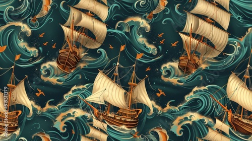 A seamless pattern featuring vintage sailing ships braving turbulent waves, evoking a sense of adventure and the vastness of the sea.