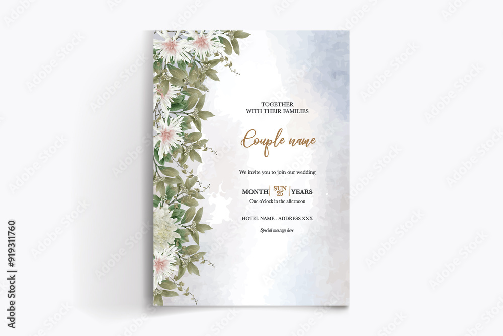 WEDDING INVITATION FRAME WITH FLOWER DECORATIONS WITH FRESH LEAVES WEDDING INVITATION FRAME WITH FLOWER DECORATIONS WITH FRESH LEAVES