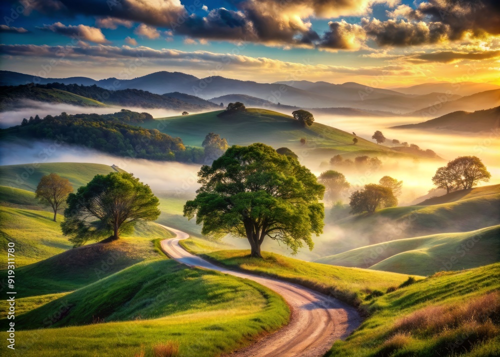Serene landscape of rolling hills, ancient trees, and winding roads stretching towards distant misty mountains, evoking a sense of adventure and limitless exploration. Serene landscape of rolling hills, ancient trees, and winding roads stretching towards distant misty mountains, evoking a sense of adventure and limitless exploration.