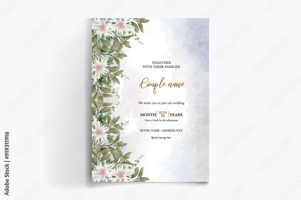 WEDDING INVITATION FRAME WITH FLOWER DECORATIONS WITH FRESH LEAVES WEDDING INVITATION FRAME WITH FLOWER DECORATIONS WITH FRESH LEAVES