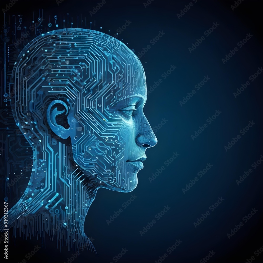 Obraz premium A human head silhouette made up of data streams and circuit board patterns against a dark blue background, representing the concept of artificial intelligence and machine learning
