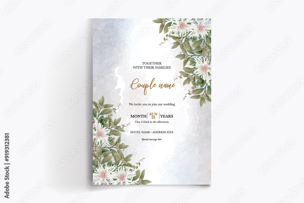 WEDDING INVITATION FRAME WITH FLOWER DECORATIONS WITH FRESH LEAVES WEDDING INVITATION FRAME WITH FLOWER DECORATIONS WITH FRESH LEAVES