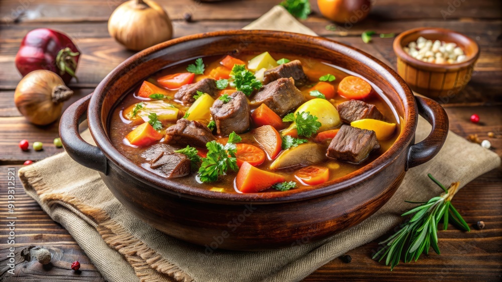 Hearty, slow-cooked beef stew filled with tender chunks of browned meat, colorful vegetables, and rich, flavorful broth served in a rustic clay pot. Hearty, slow-cooked beef stew filled with tender chunks of browned meat, colorful vegetables, and rich, flavorful broth served in a rustic clay pot.